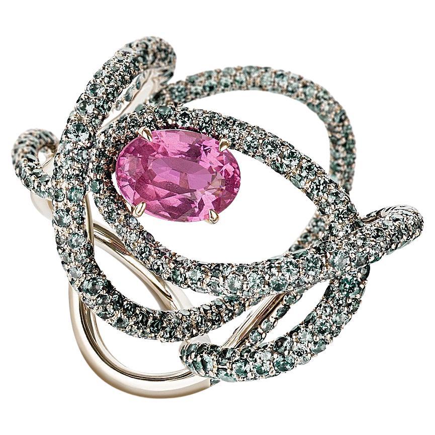 Neha Dani Pink Natural Sapphire with Green Garnets in White Gold Kephi Ring