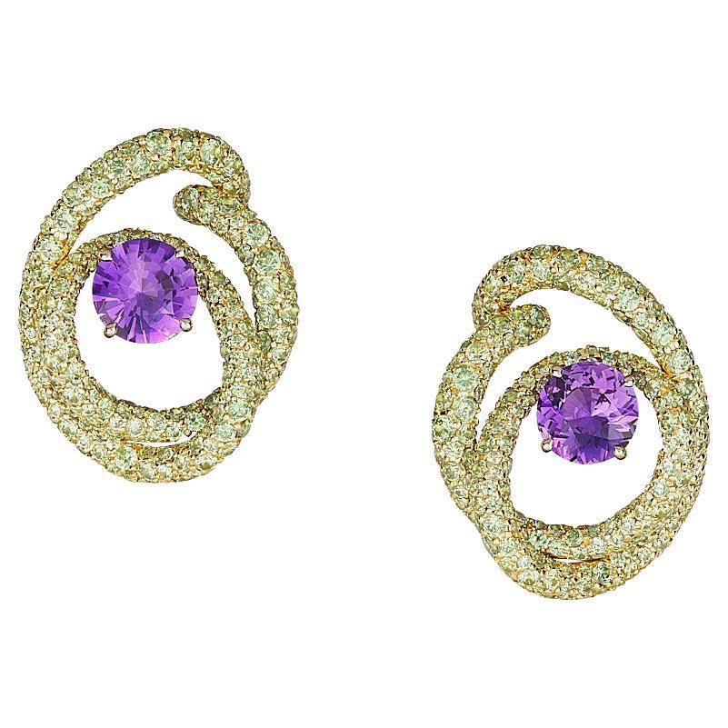 Neha Dani Purple Sapphire Green Demantoid Garnet Yellow Gold Kalon Clip Earrings