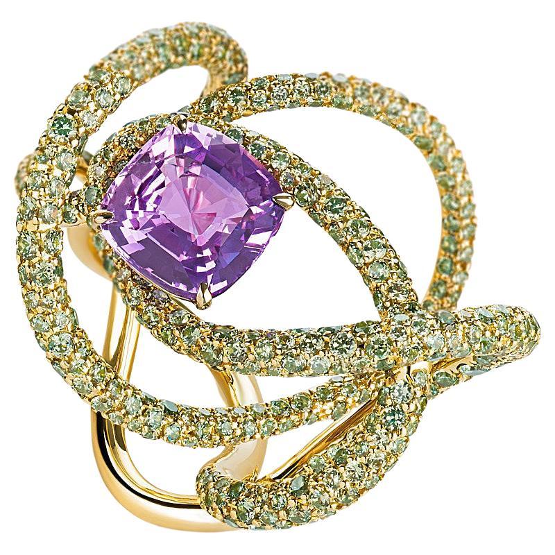 Neha Dani Purple Sapphire with Green Demantoid Garnets Yellow Gold Kephi Ring For Sale