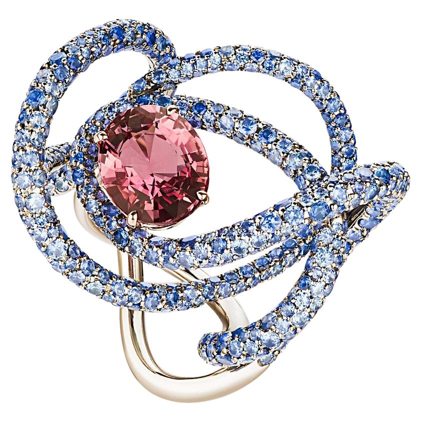 Neha Dani Reddish Pink Sapphire with Blue Sapphire White Gold Kephi Ring For Sale