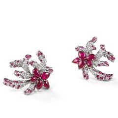 Neha Dani Ruby Pear Cabochon and Ruby Set with Diamonds, Roseate Earrings