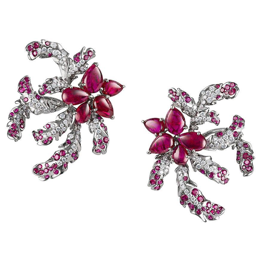 Neha Dani Ruby Pear Cabochon and Ruby Set with Diamonds, Roseate Earrings For Sale