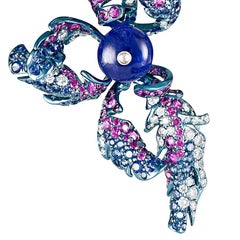 Neha Dani Tanzanite Bead with Blue and Pink Sapphires, Diamond Monal Earrings