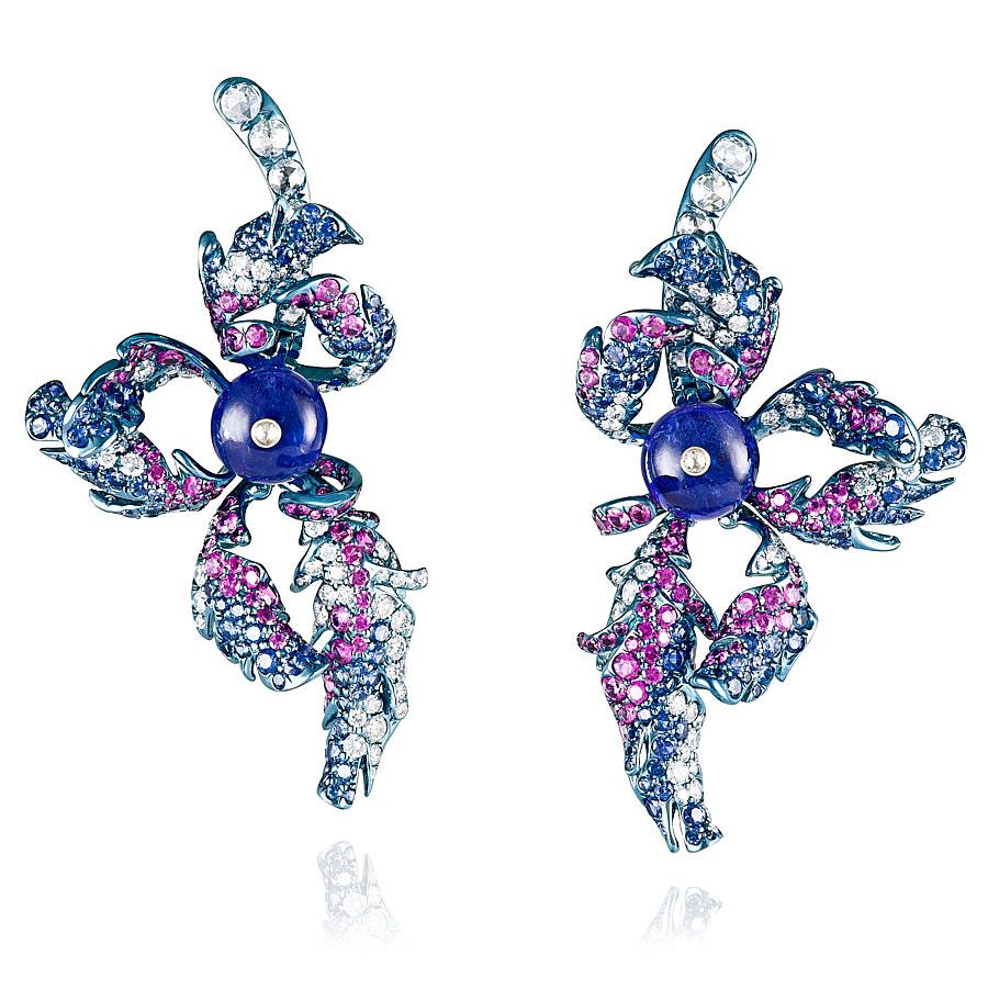 Contemporary Neha Dani Tanzanite Bead with Blue and Pink Sapphires, Diamond Monal Earrings For Sale