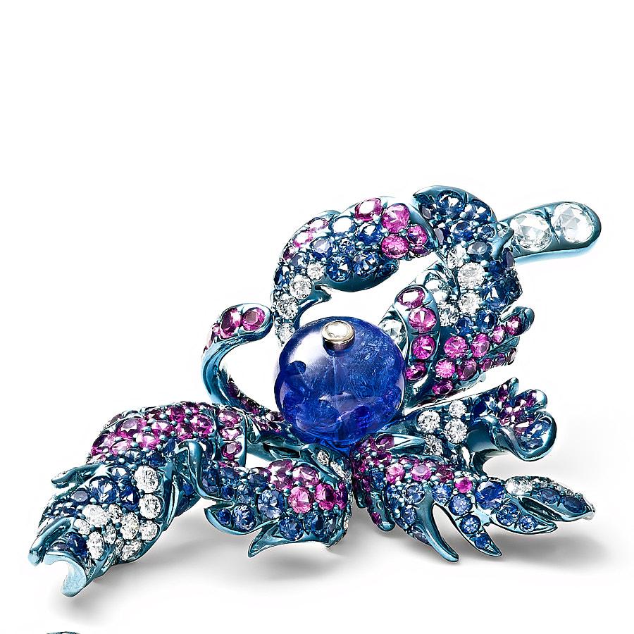 Rose Cut Neha Dani Tanzanite Bead with Blue and Pink Sapphires, Diamond Monal Earrings For Sale