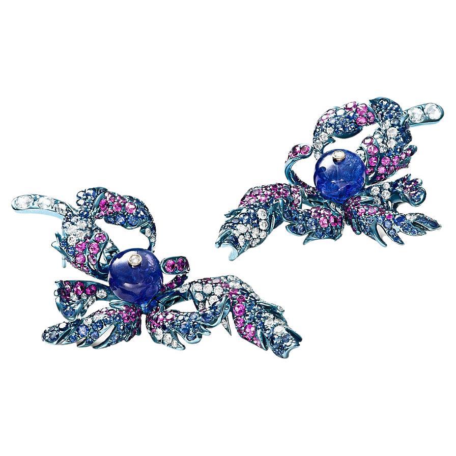 Neha Dani Tanzanite Bead with Blue and Pink Sapphires, Diamond Monal Earrings For Sale