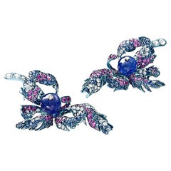 Neha Dani Tanzanite Bead with Blue and Pink Sapphires, Diamond Monal Earrings