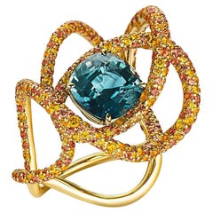 Neha Dani Teal Natural Sapphire with Orange Sapphires in Yellow Gold Kephi Ring