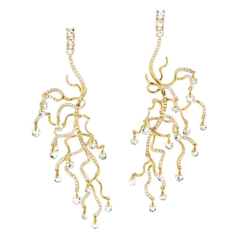 Neha Dani White Diamond Yellow Gold Anemone Chandelier Earrings For Sale