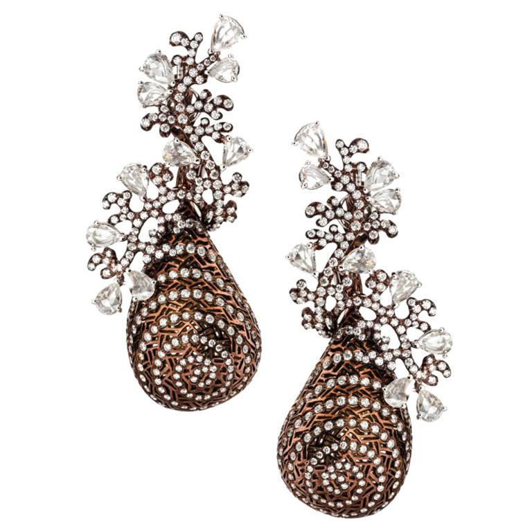 Neha Dani White Diamonds in Rhodium Finish White Gold Twirling Shimmer Earrings