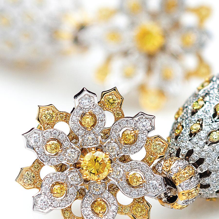 Contemporary Neha Dani Yellow Diamonds and White Diamonds White Gold Anjum Mughal Earrings For Sale