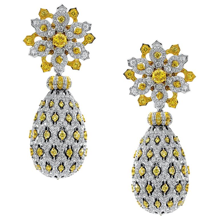 Neha Dani Yellow Diamonds and White Diamonds White Gold Anjum Mughal Earrings For Sale