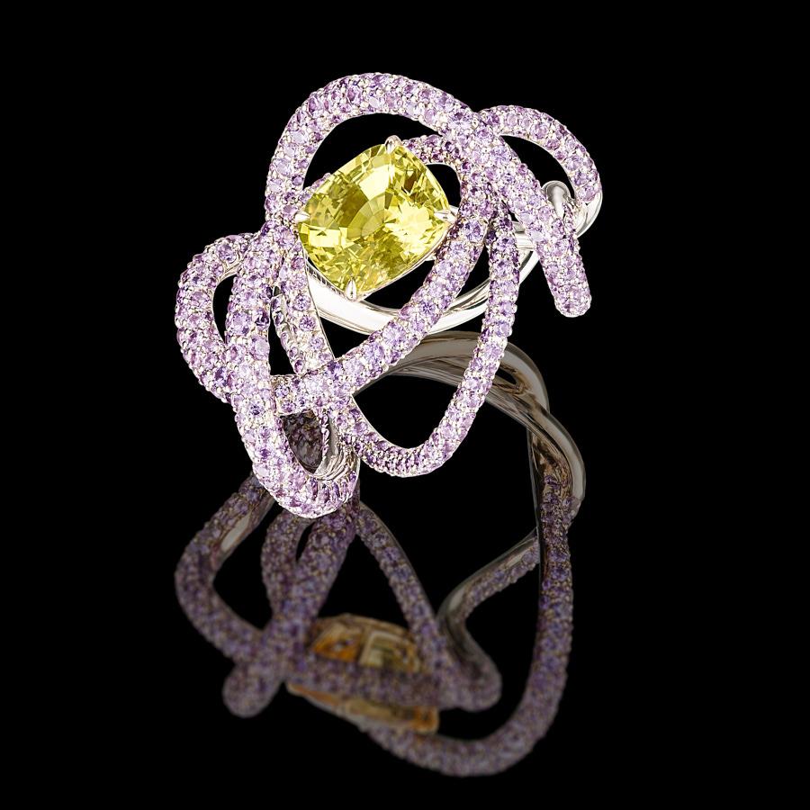 Contemporary Neha Dani Yellow Natural Sapphire with Purple Sapphire White Gold Kephi Ring For Sale