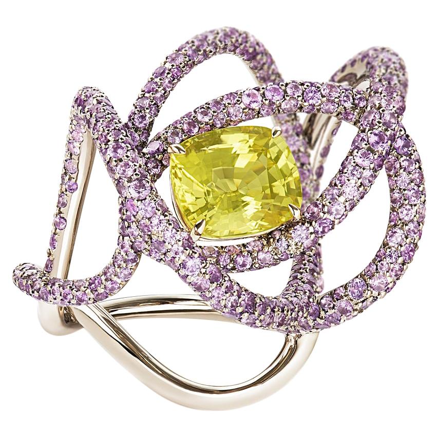 Neha Dani Yellow Natural Sapphire with Purple Sapphire White Gold Kephi Ring For Sale