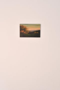 'Autumn evening', romantic landscape painting with warm colors, oil on wood