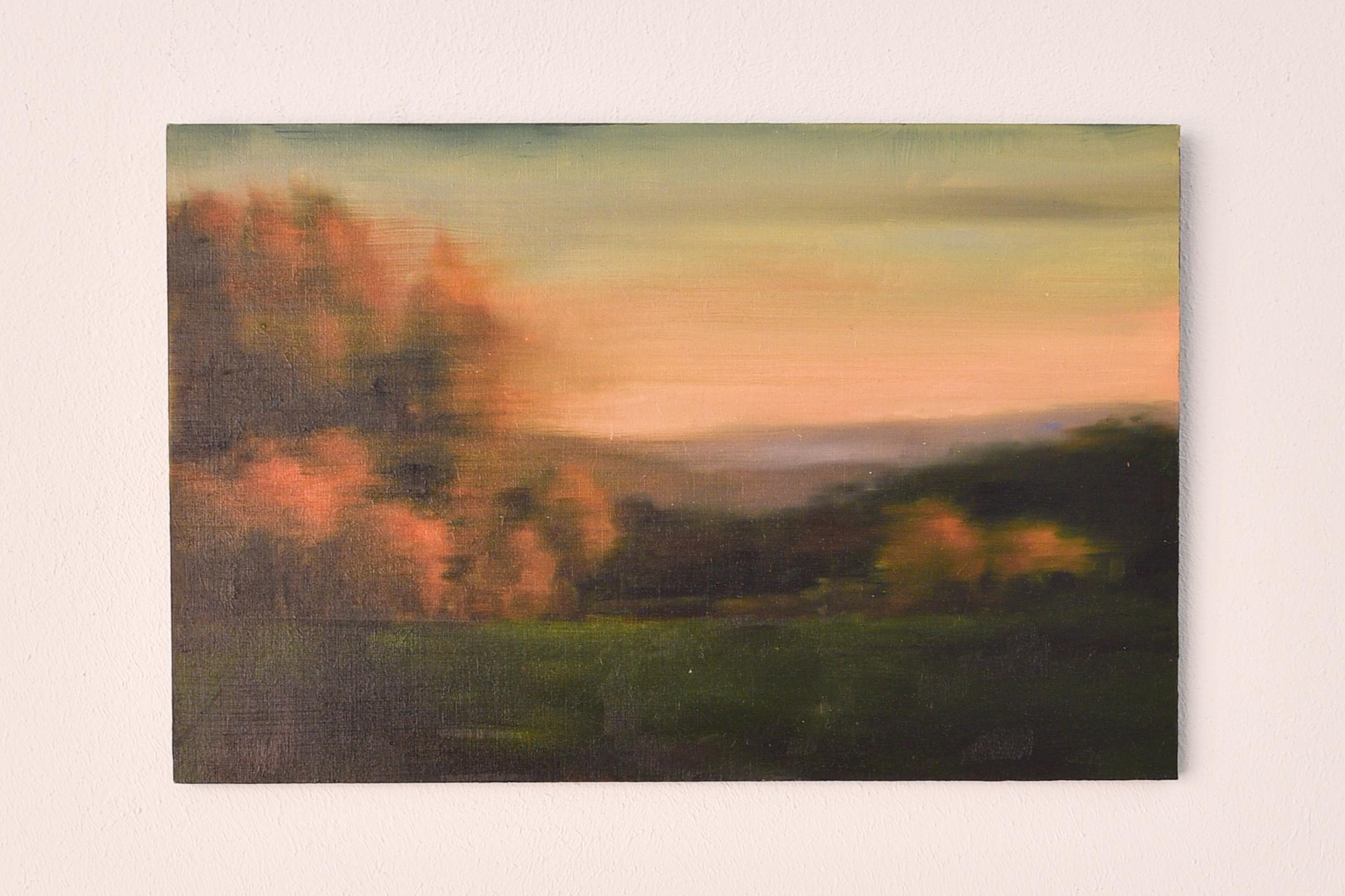 Neide Carreira (Lisbon, Portugal 1992- ): this painting - oil on wood panel - is called Autumn Evening #4, and indeed shows a beautiful landscape in autumn with the typical autumn colors (brown, red, yellow). 

The painting is signed on the back and