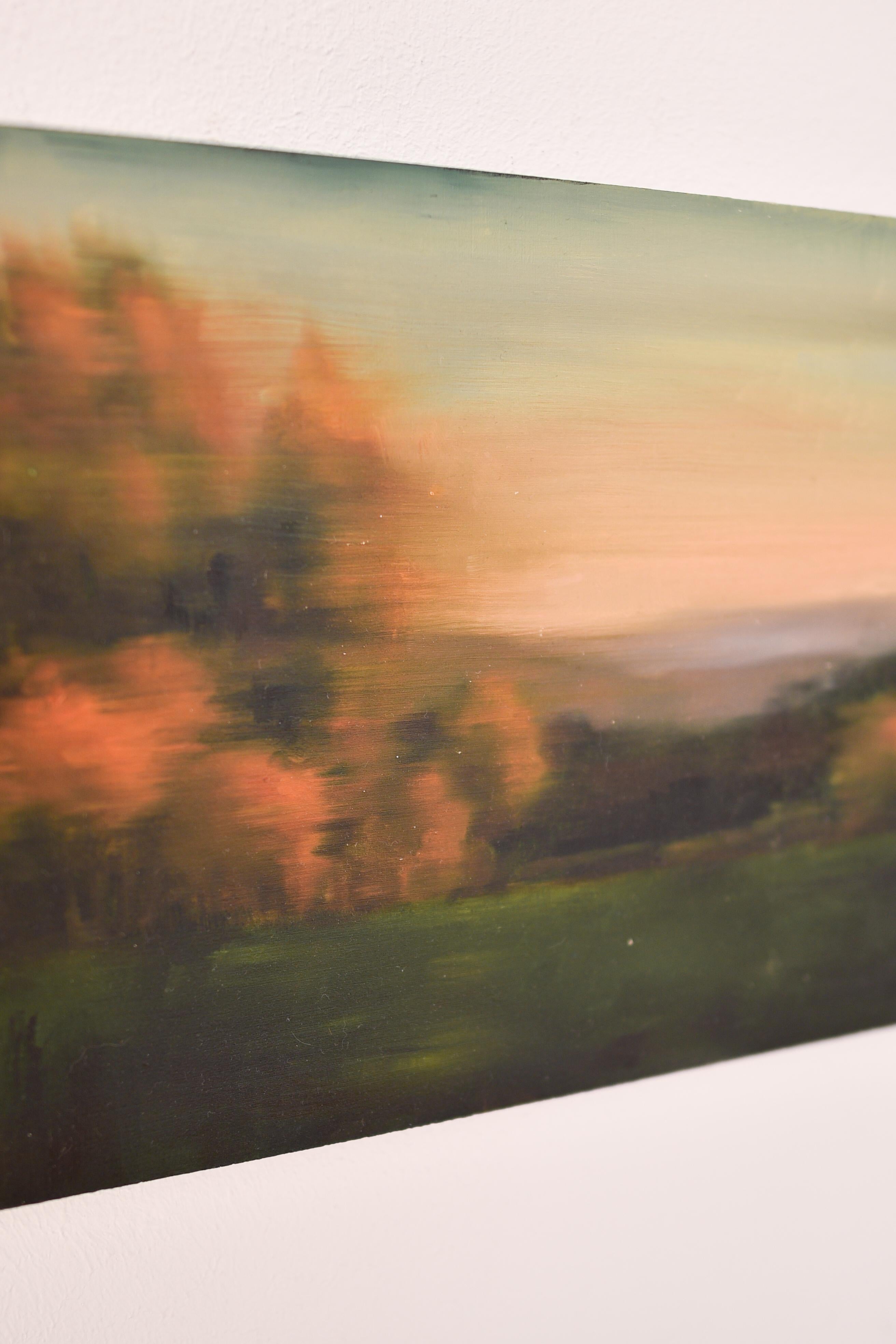 'Autumn evening', romantic landscape painting with warm colors, oil on wood For Sale 1