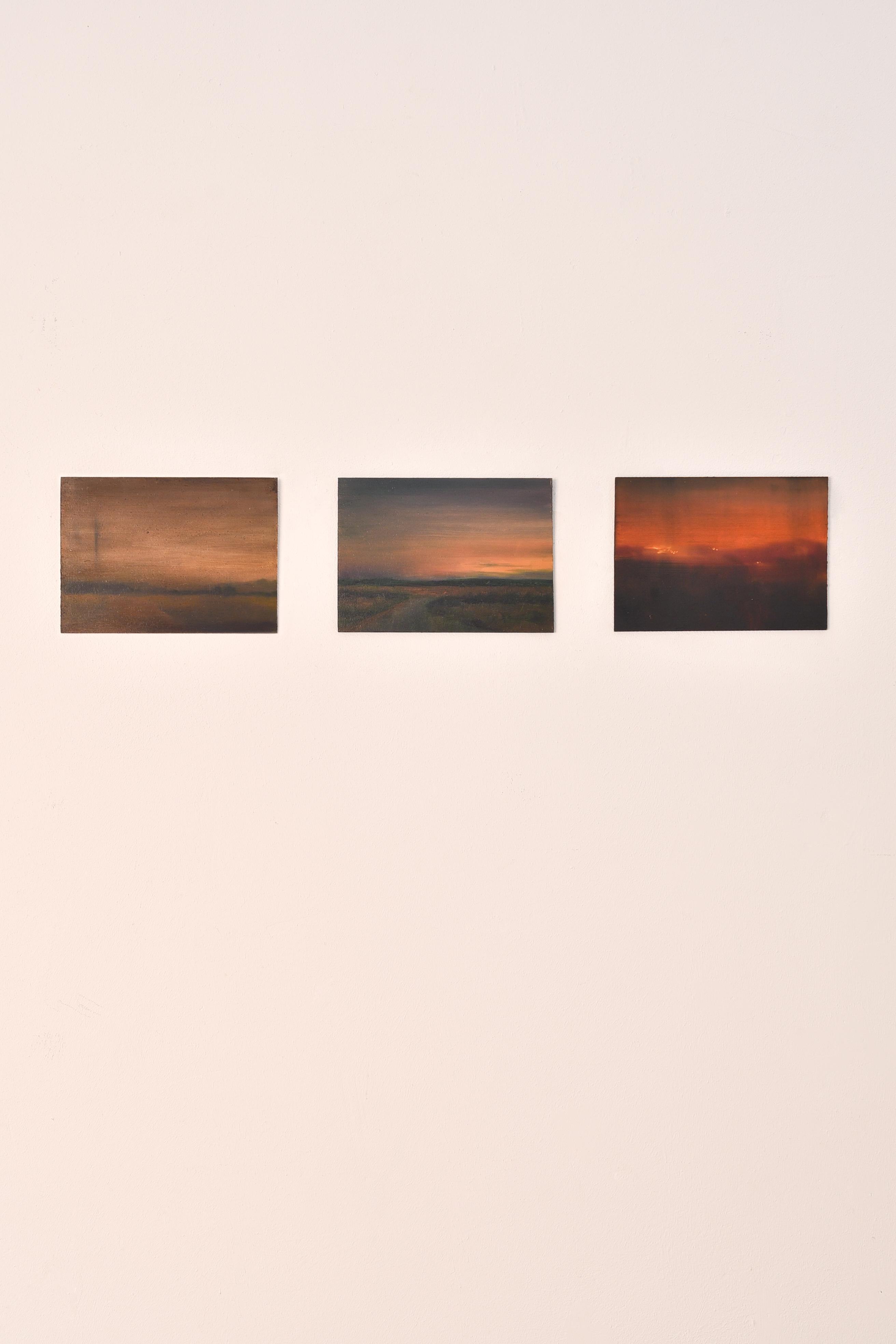 Set of 3 romantic evening light landscape paintings on thin wood panel (2022) - Painting by Neide Carreira