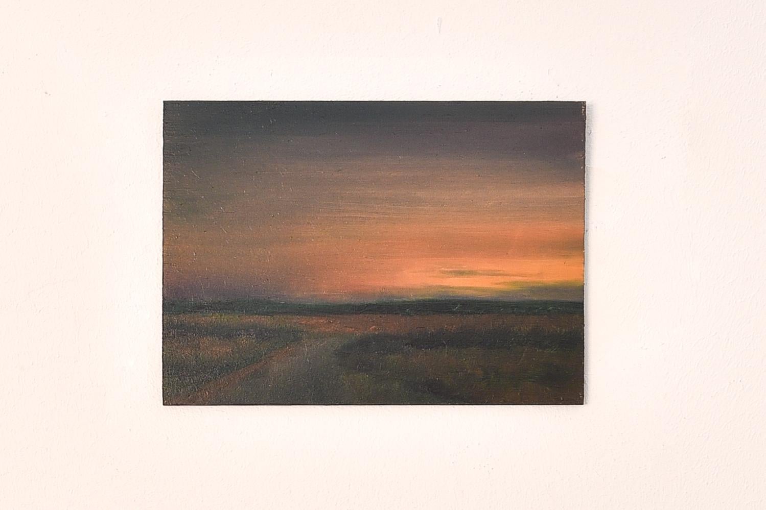 Neide Carreira Landscape Painting - Set of 3 romantic evening light landscape paintings on thin wood panel (2022)