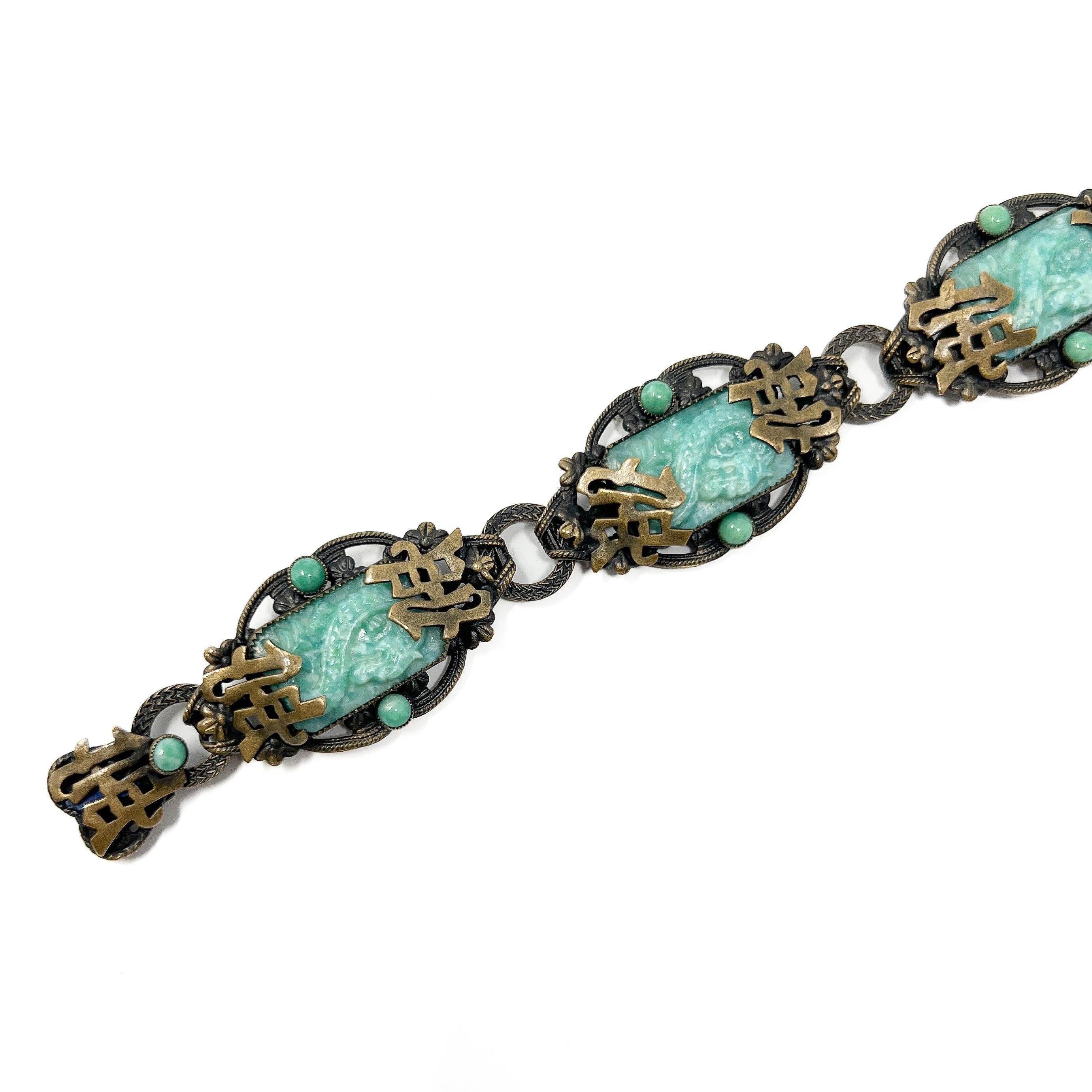 Neiger Brothers 1920s East Asian Inspired Antique Peking Glass Dragon Bracelet In Good Condition For Sale In Skelmersdale, GB