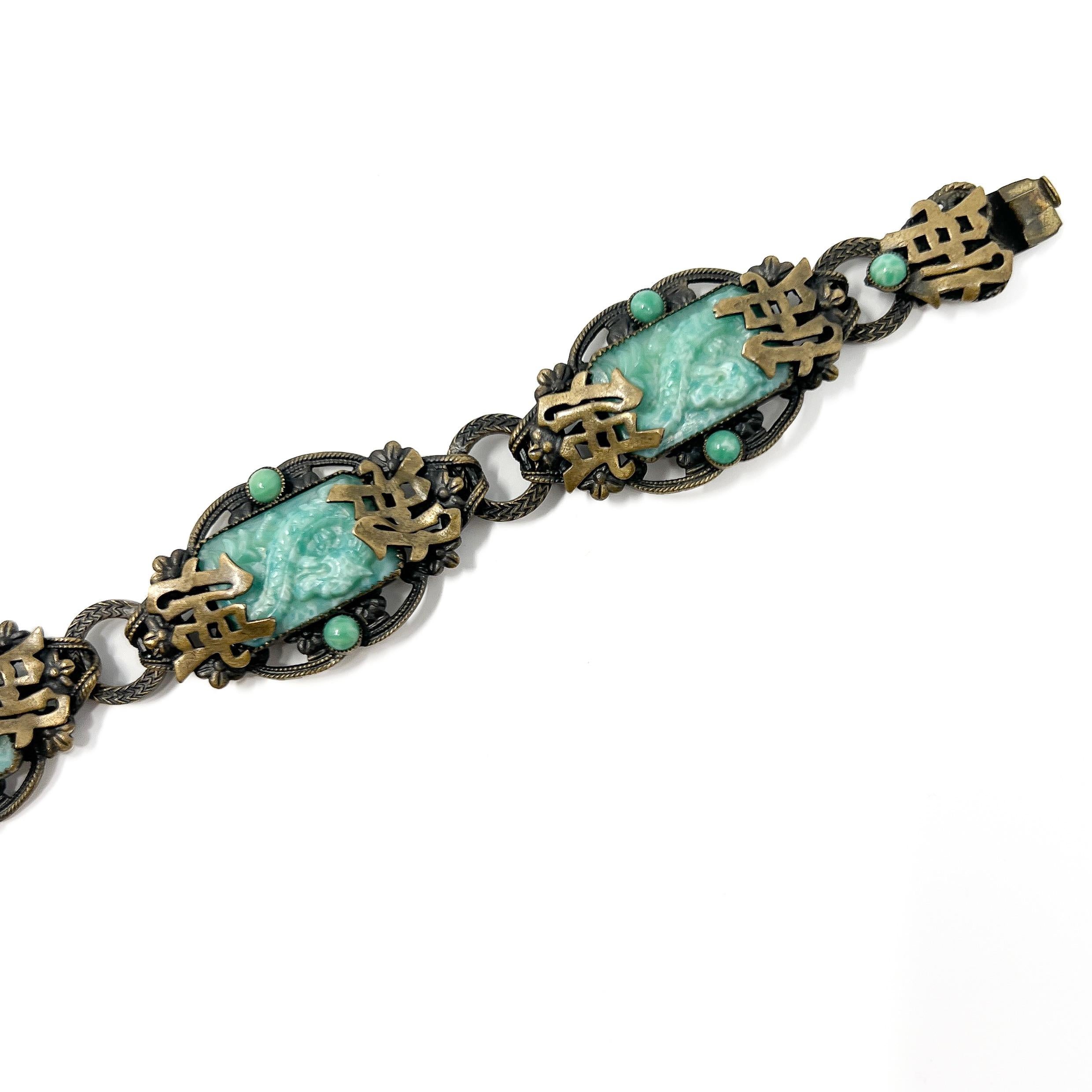 Women's Neiger Brothers 1920s East Asian Inspired Antique Peking Glass Dragon Bracelet For Sale