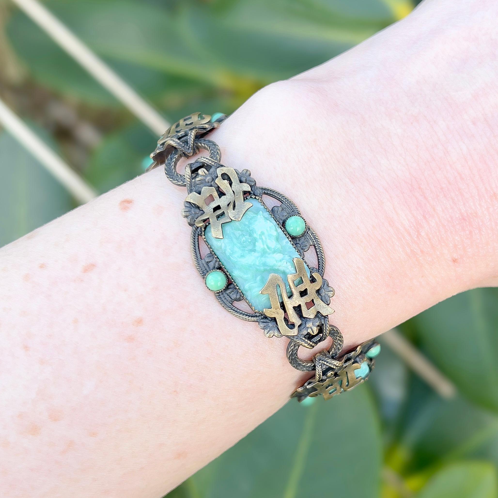 Neiger Brothers 1920s East Asian Inspired Antique Peking Glass Dragon Bracelet For Sale 3
