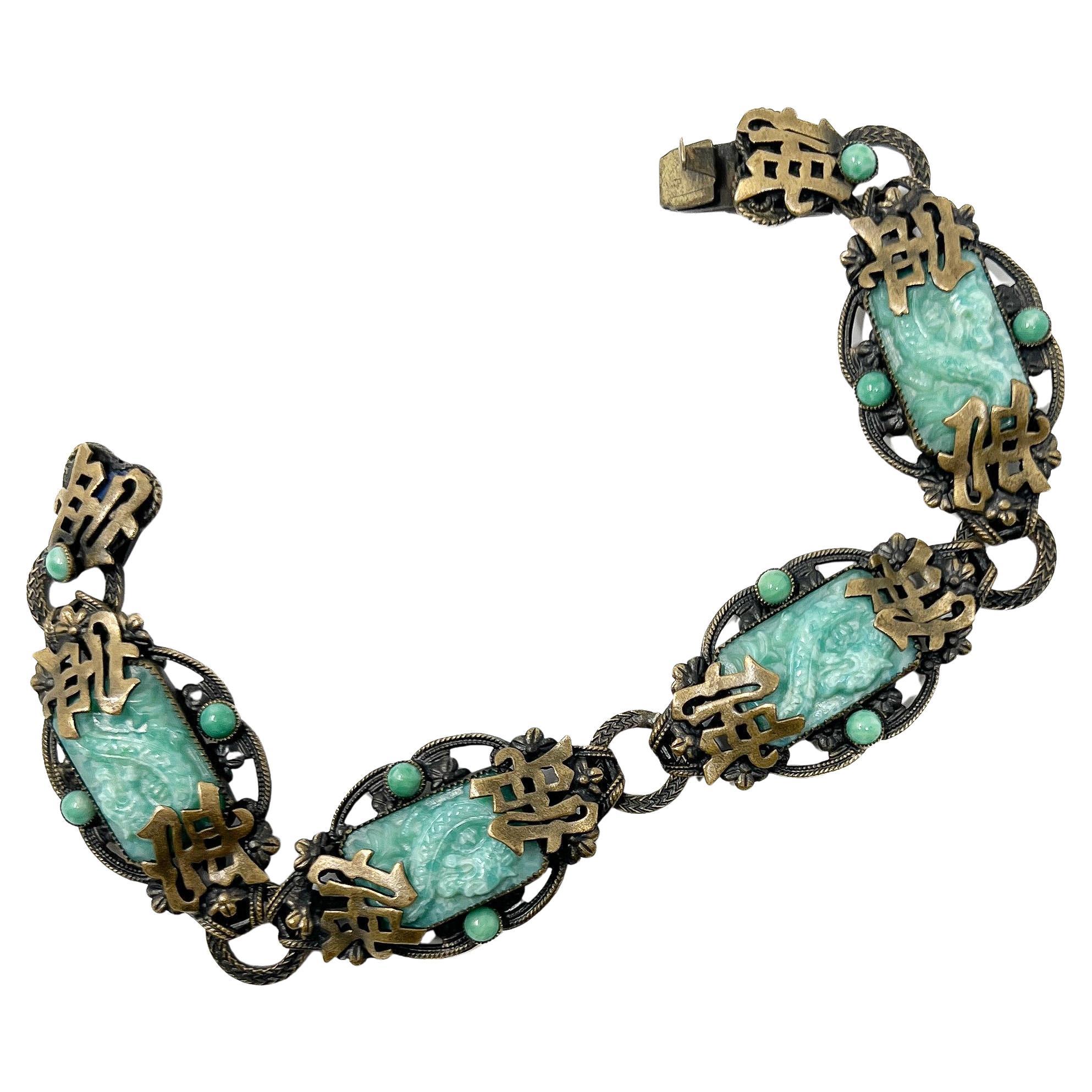 Neiger Brothers 1920s East Asian Inspired Antique Peking Glass Dragon Bracelet For Sale