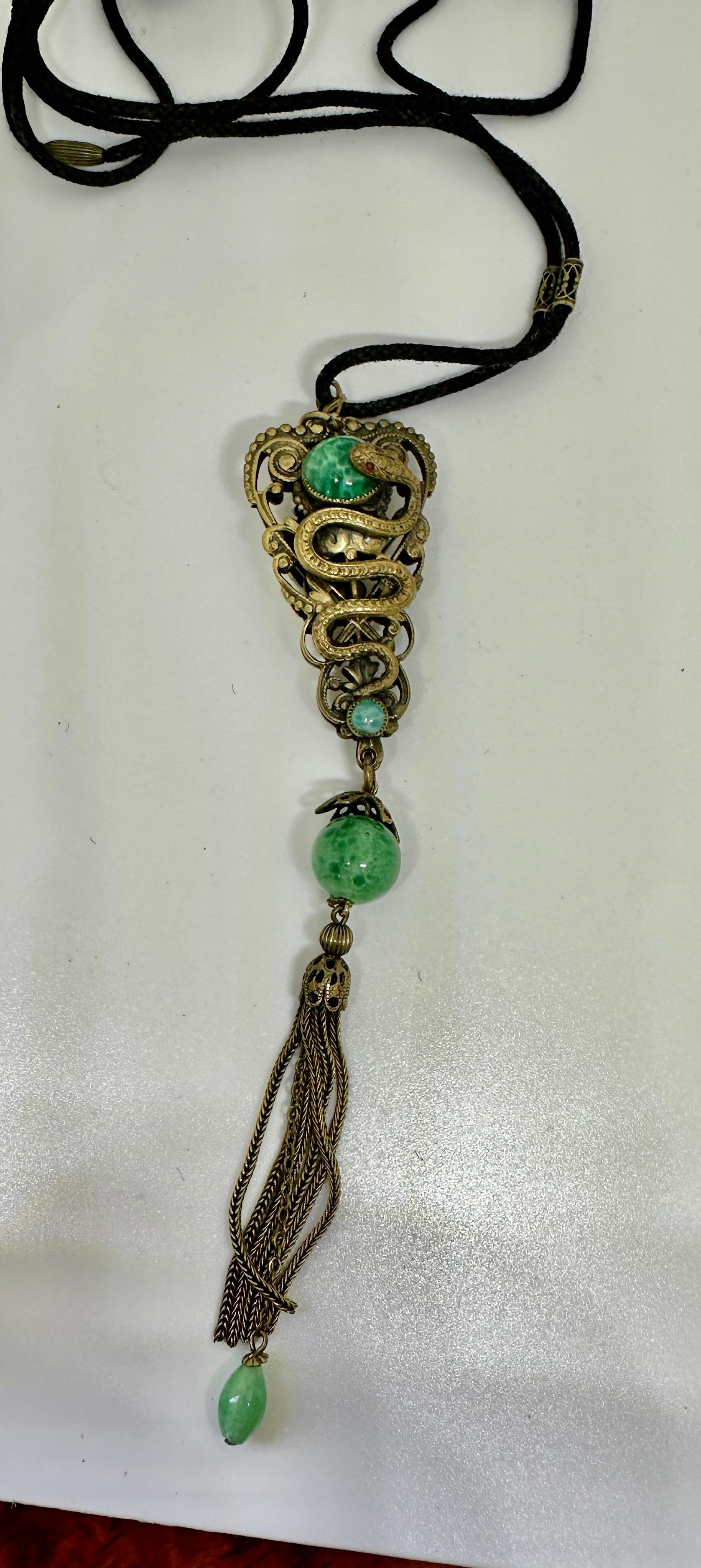 Neiger Brothers Snake Seahorse Dragon Necklace Egyptian Revival Czech Art Glass For Sale 1
