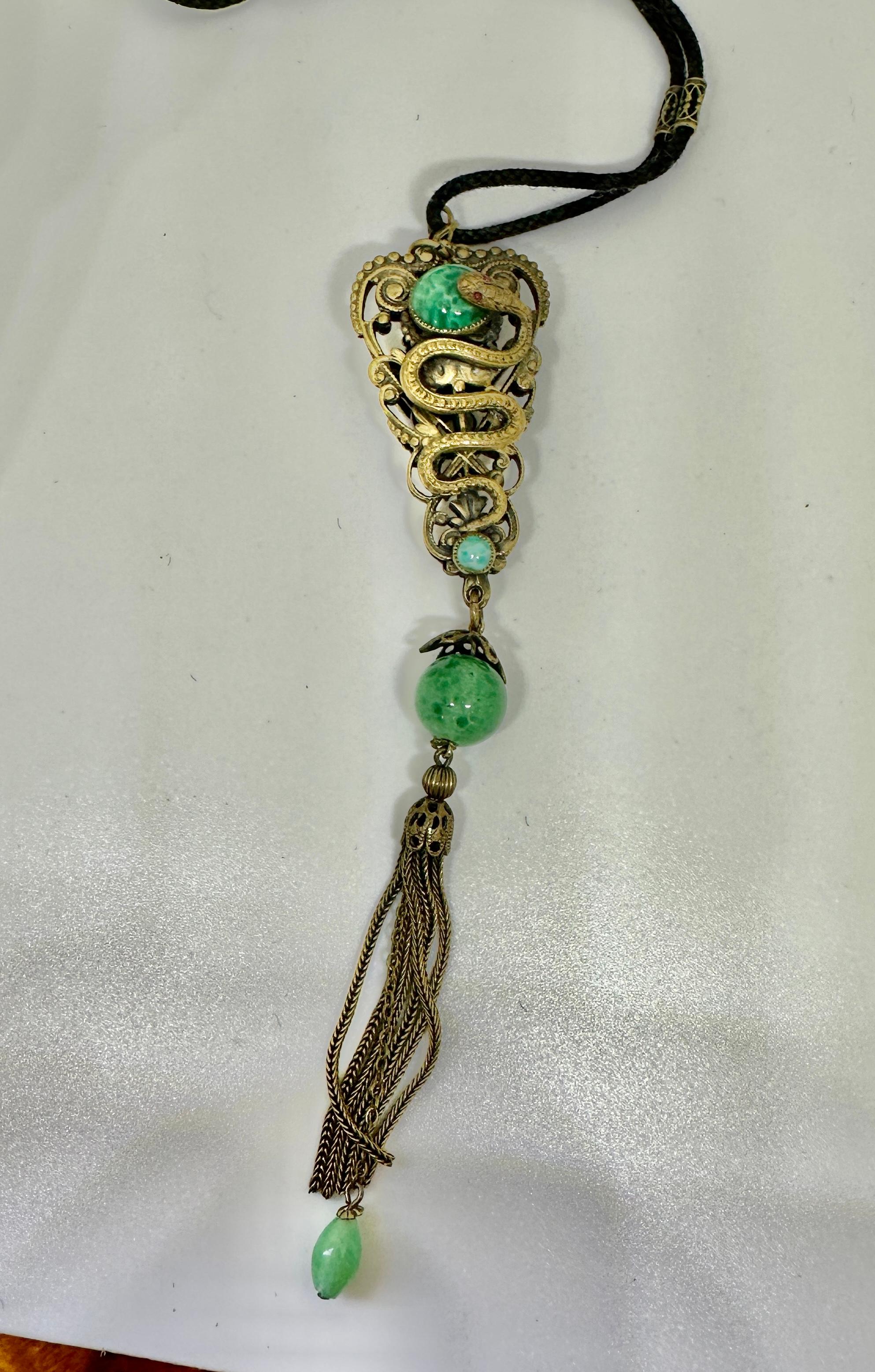 Neiger Brothers Snake Seahorse Dragon Necklace Egyptian Revival Czech Art Glass For Sale 2