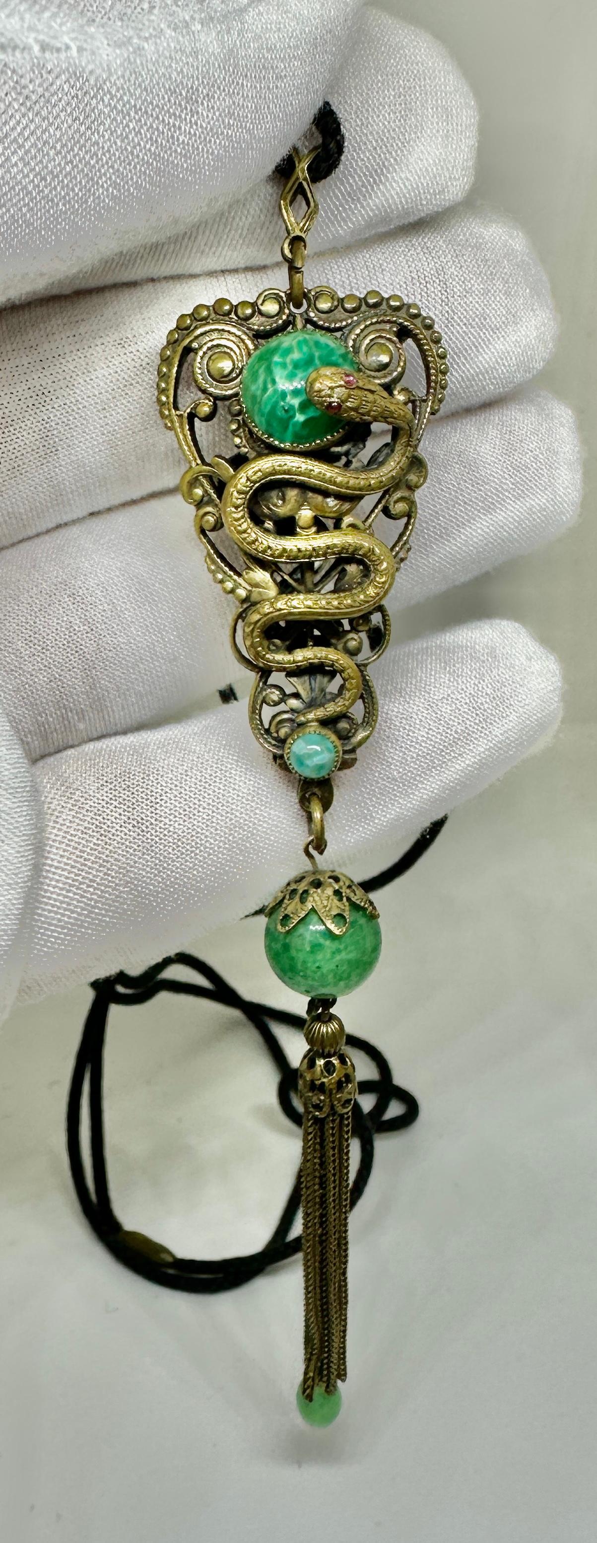 Neiger Brothers Snake Seahorse Dragon Necklace Egyptian Revival Czech Art Glass For Sale 4