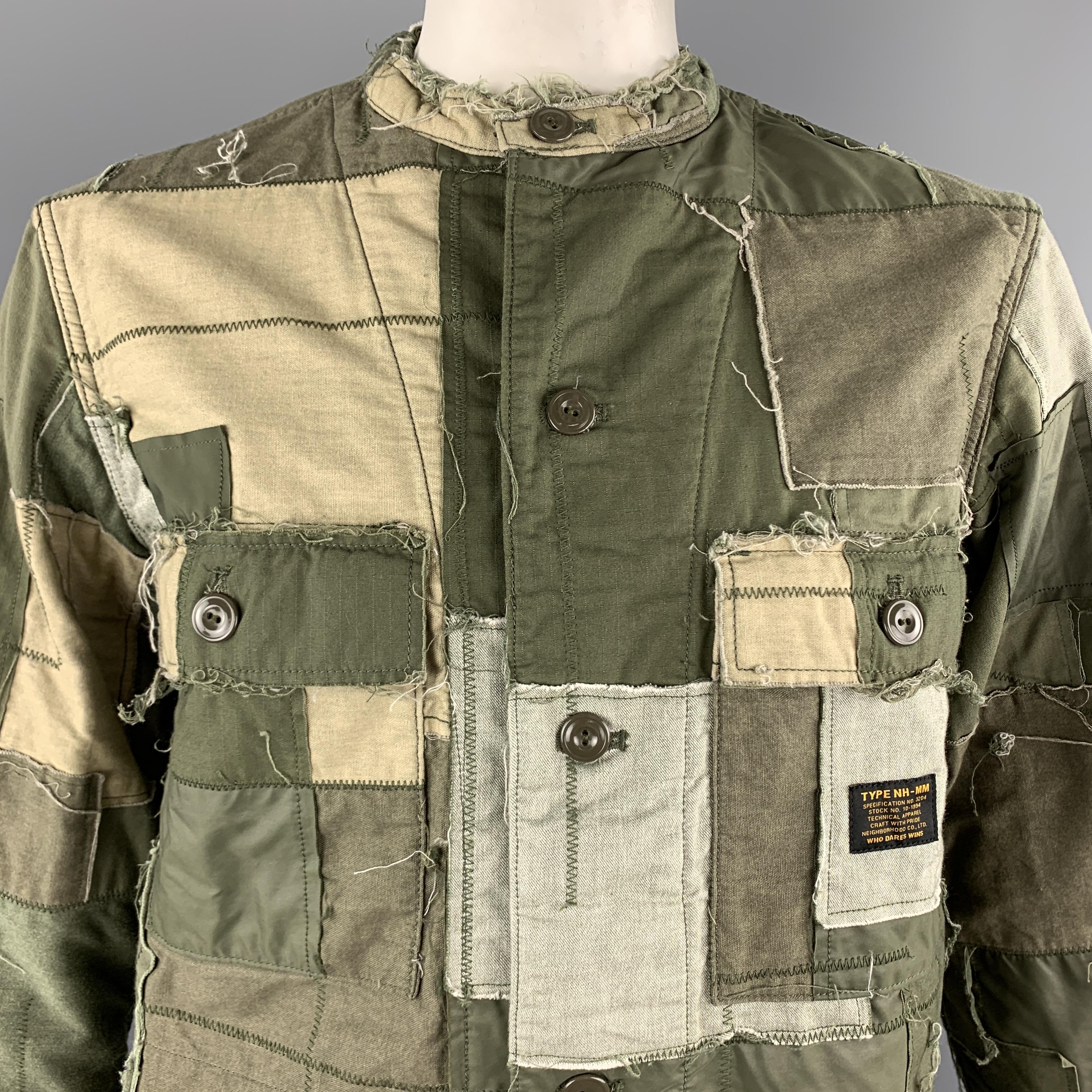 NEIGHBORHOOD Size L Olive Green Patchwork Band Collar Jacket at 1stDibs