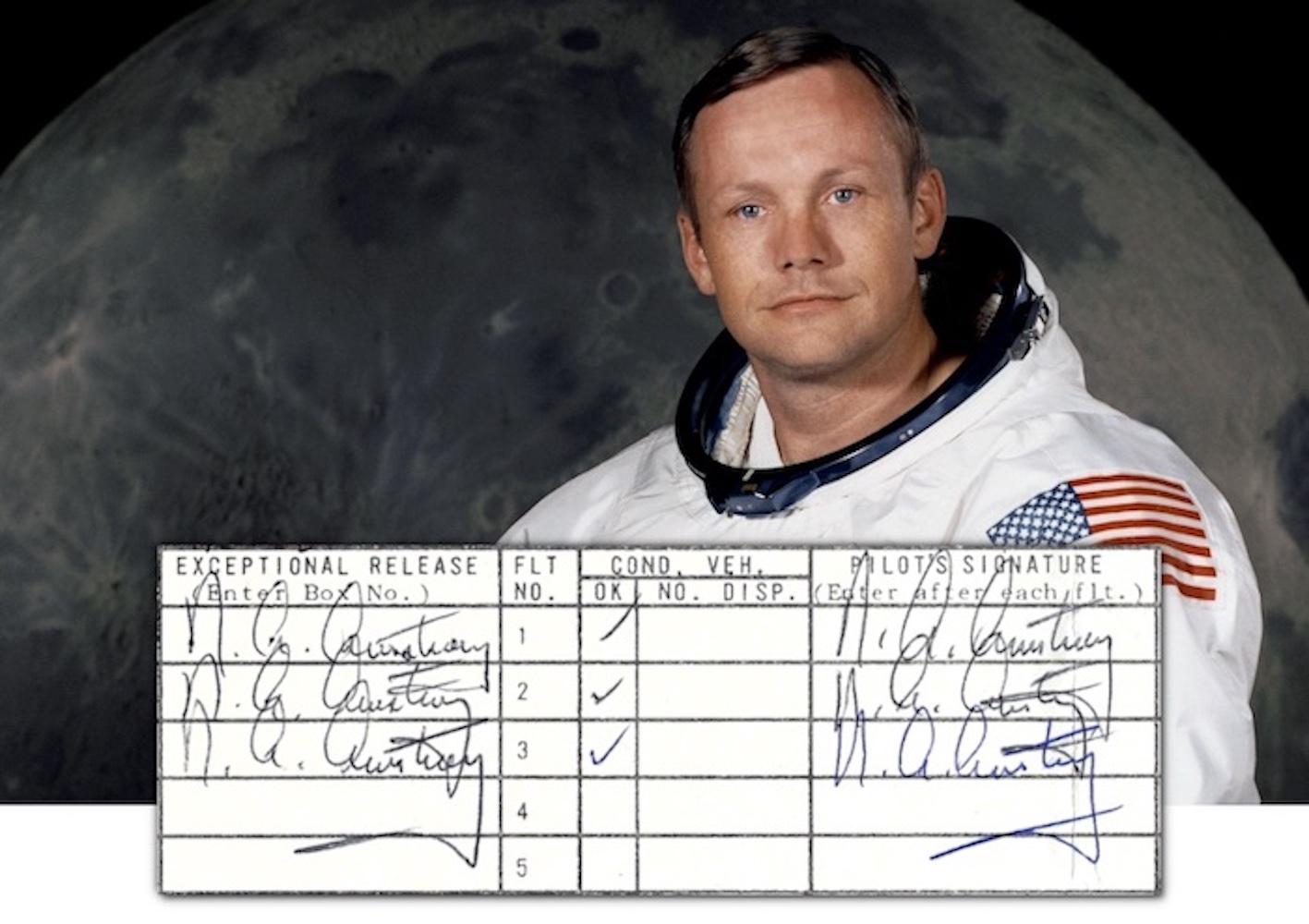 A highly rare and important document from the Apollo 11 mission
Neil Armstrong's official flight log for his training in the Lunar Landing Test Vehicle (LLTV)
Signed an incredible six times by Armstrong
This is the official NASA operation log for