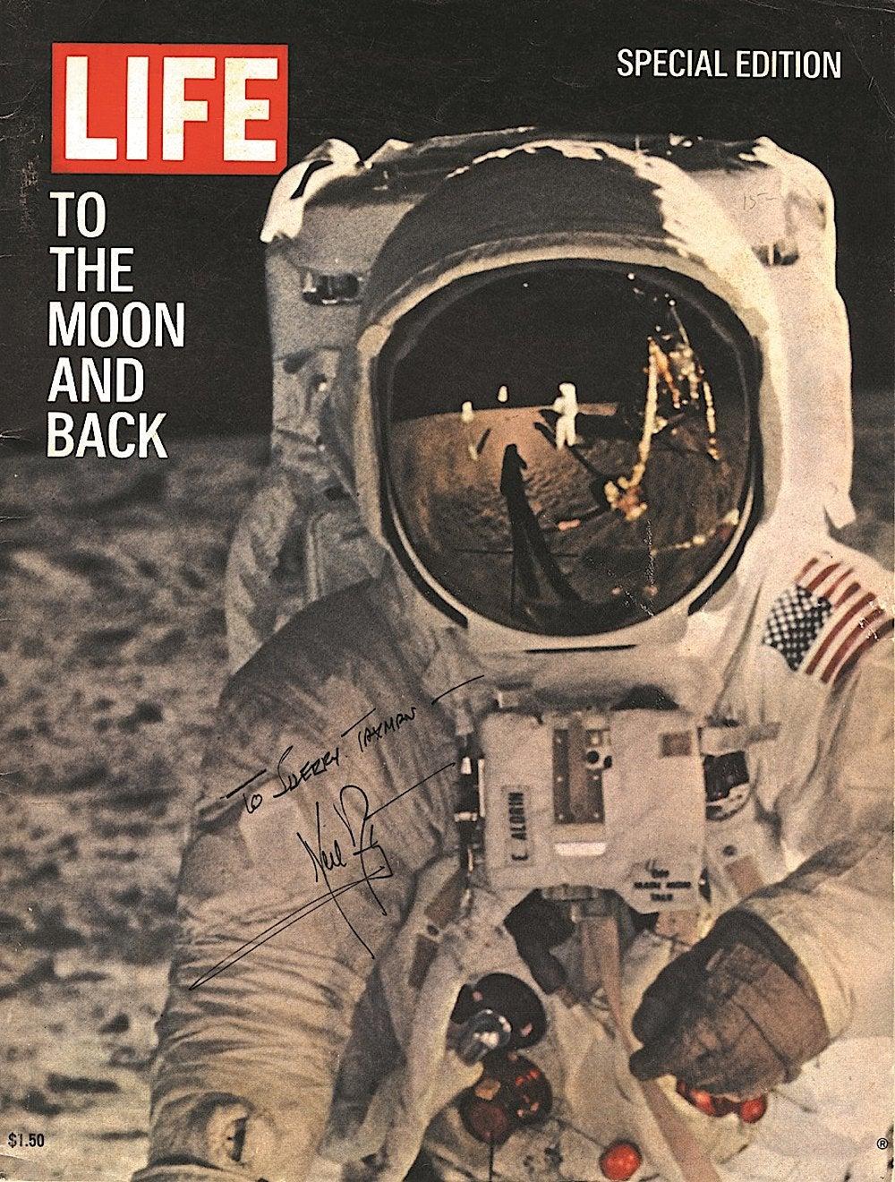 A Life magazine cover signed by Apollo 11 astronaut and first man on the moon Neil Armstrong
In 1969, Apollo 11 commander Neil Armstrong became the first person to set foot on the Moon. 

He was awarded a Congressional Space Medal of Honor for