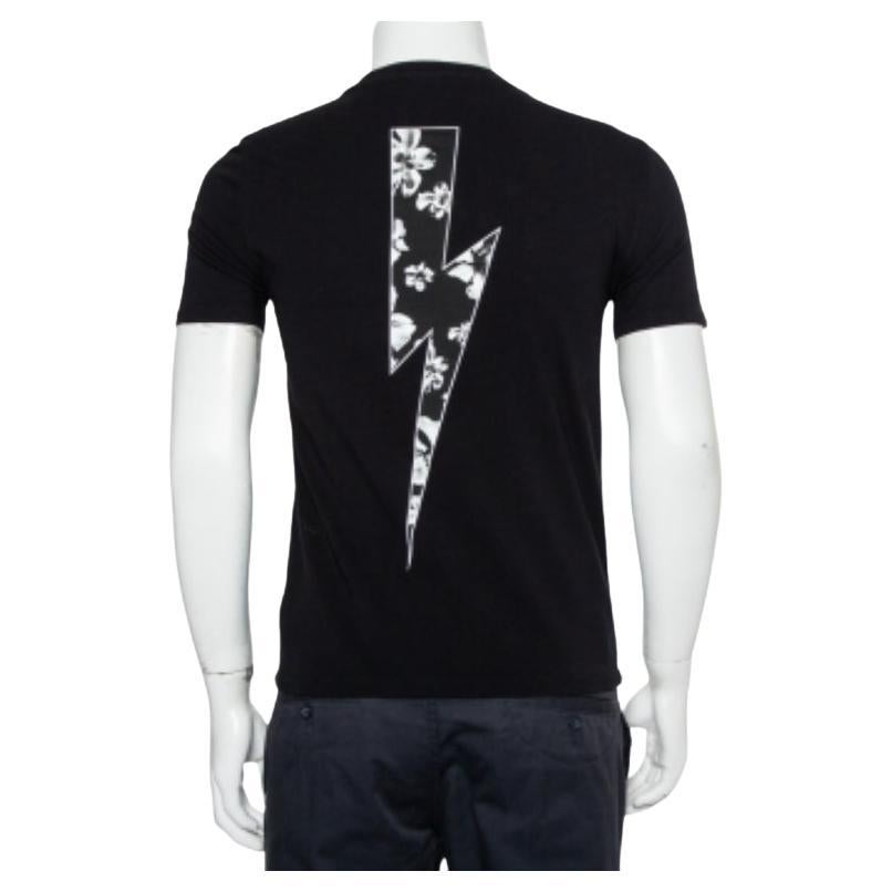 Neil Barrett Black Floral Bolt Printed Crewneck T-Shirt S In Good Condition For Sale In Dubai, Al Qouz 2