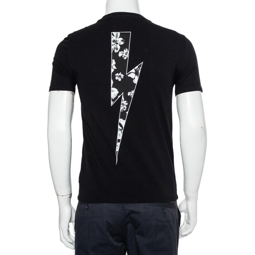 Neil Barrett Black Floral Bolt Printed Crewneck T-Shirt S In Good Condition In Dubai, Al Qouz 2