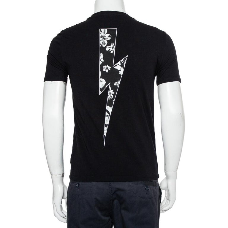 Neil Barrett Black Floral Bolt Printed Crewneck T-Shirt S In Good Condition For Sale In Dubai, Al Qouz 2