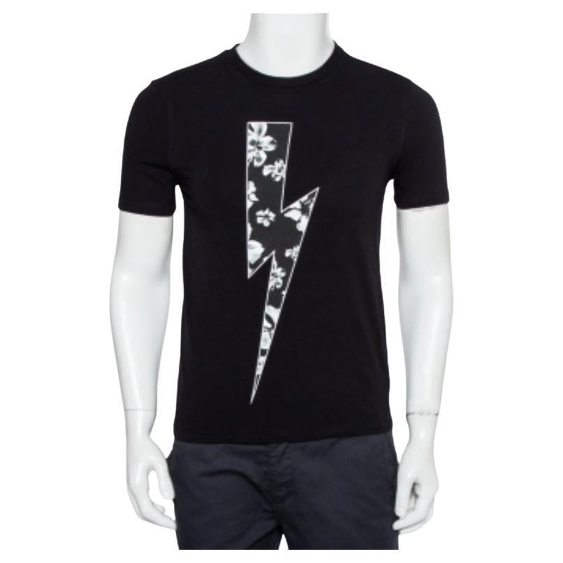 Neil Barrett Black Floral Bolt Printed Crewneck T-Shirt S For Sale