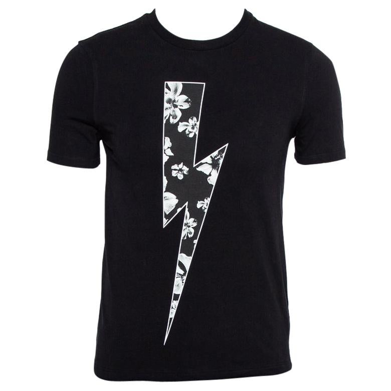 Neil Barrett Black Floral Bolt Printed Crewneck T-Shirt S For Sale
