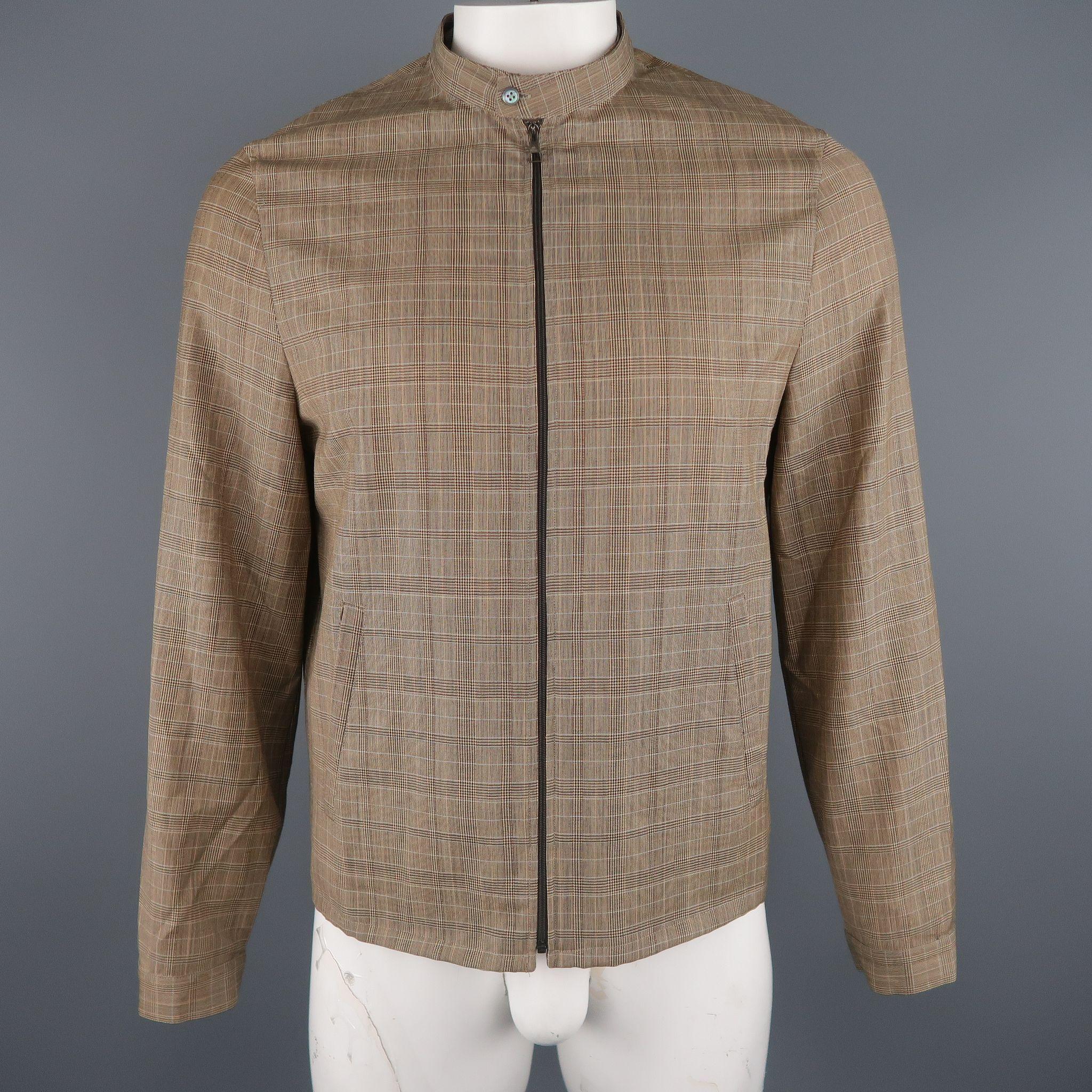 NEIL BARRET Jacket comes in a tan tone in a plaid wool material, with a zip detachable collar, slit pockets, buttoned cuffs, zip up, unlined. Minor wear with a light mark at right back. Made in Italy.

Very Good Pre-Owned Condition.
Marked: