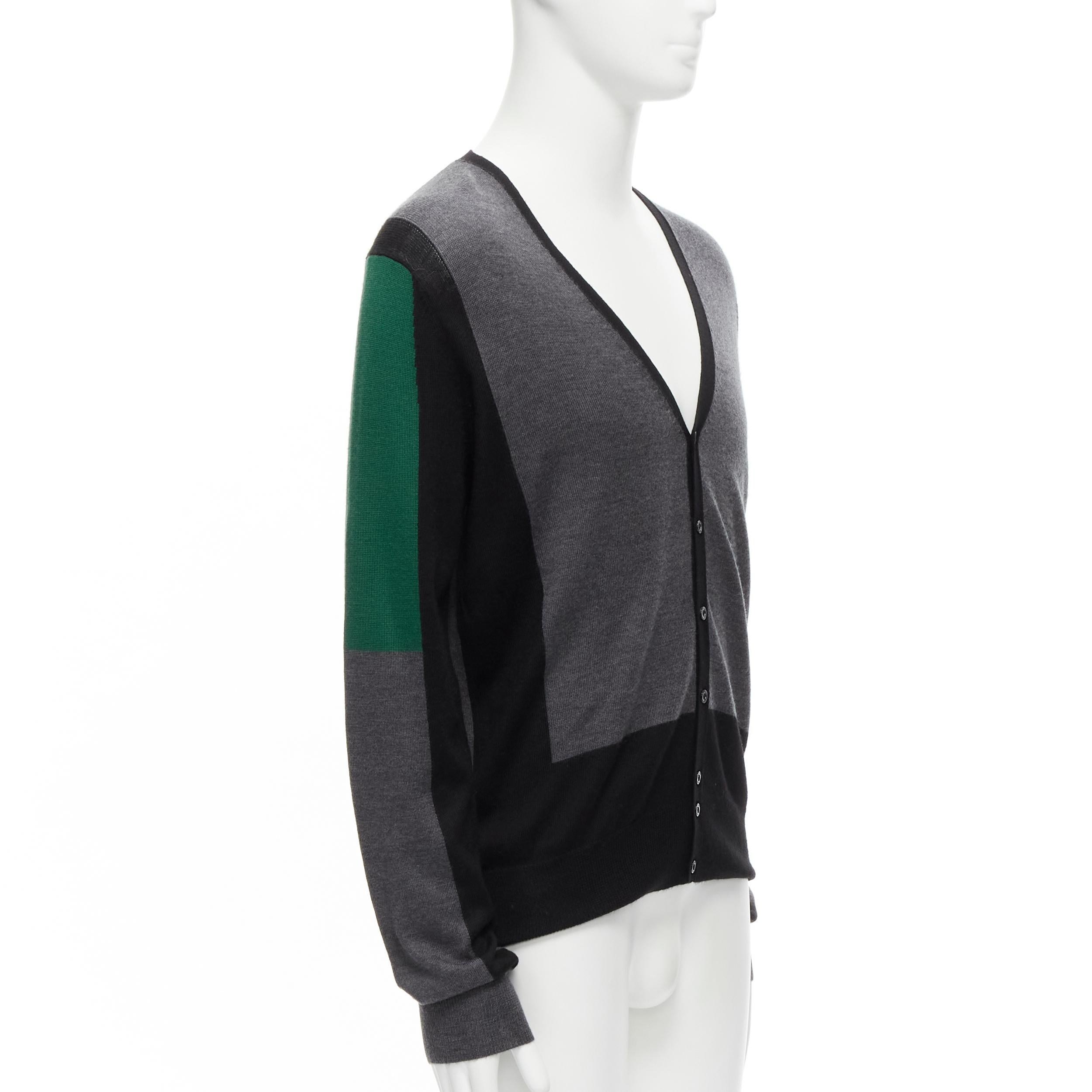 NEIL BARRETT green black grey colorblock virgin wool blend illusion cardigan M In Excellent Condition For Sale In Hong Kong, NT