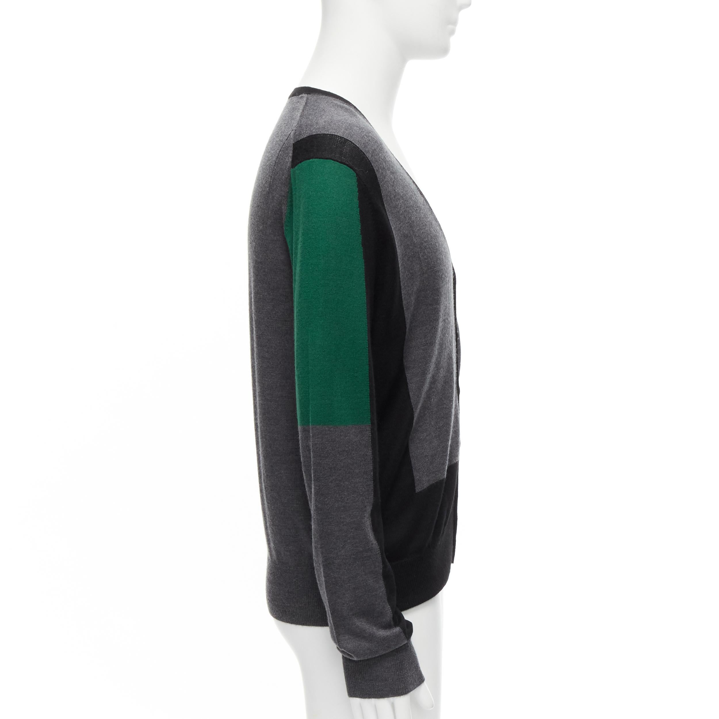Men's NEIL BARRETT green black grey colorblock virgin wool blend illusion cardigan M For Sale