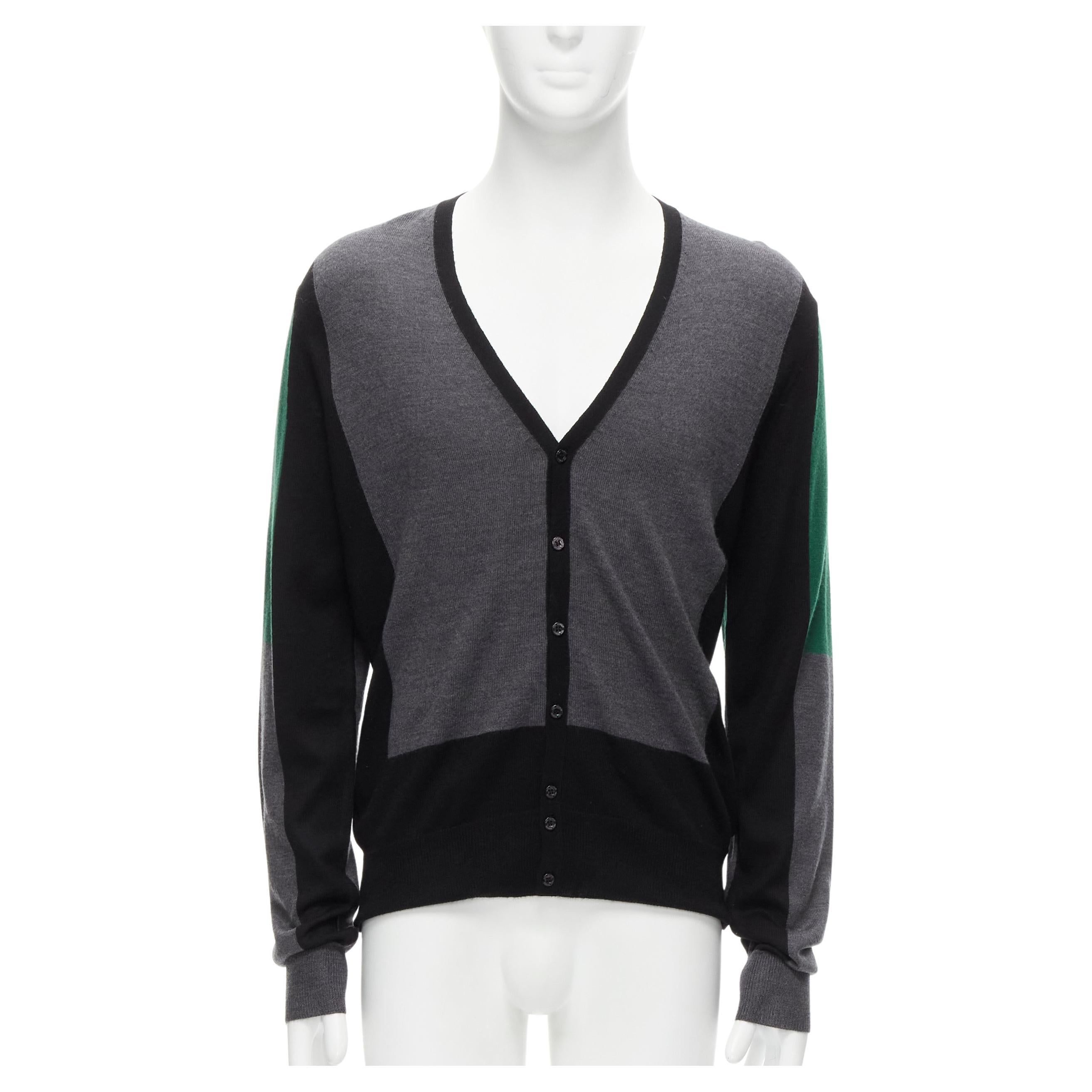 NEIL BARRETT green black grey colorblock virgin wool blend illusion cardigan M For Sale