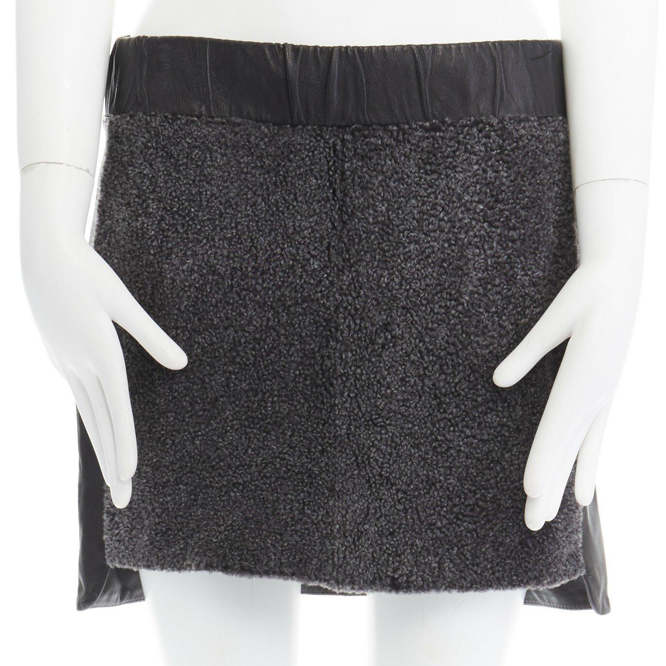 Black NEIL BARRETT grey shearling front panel black leather step hem mini skirt S 30