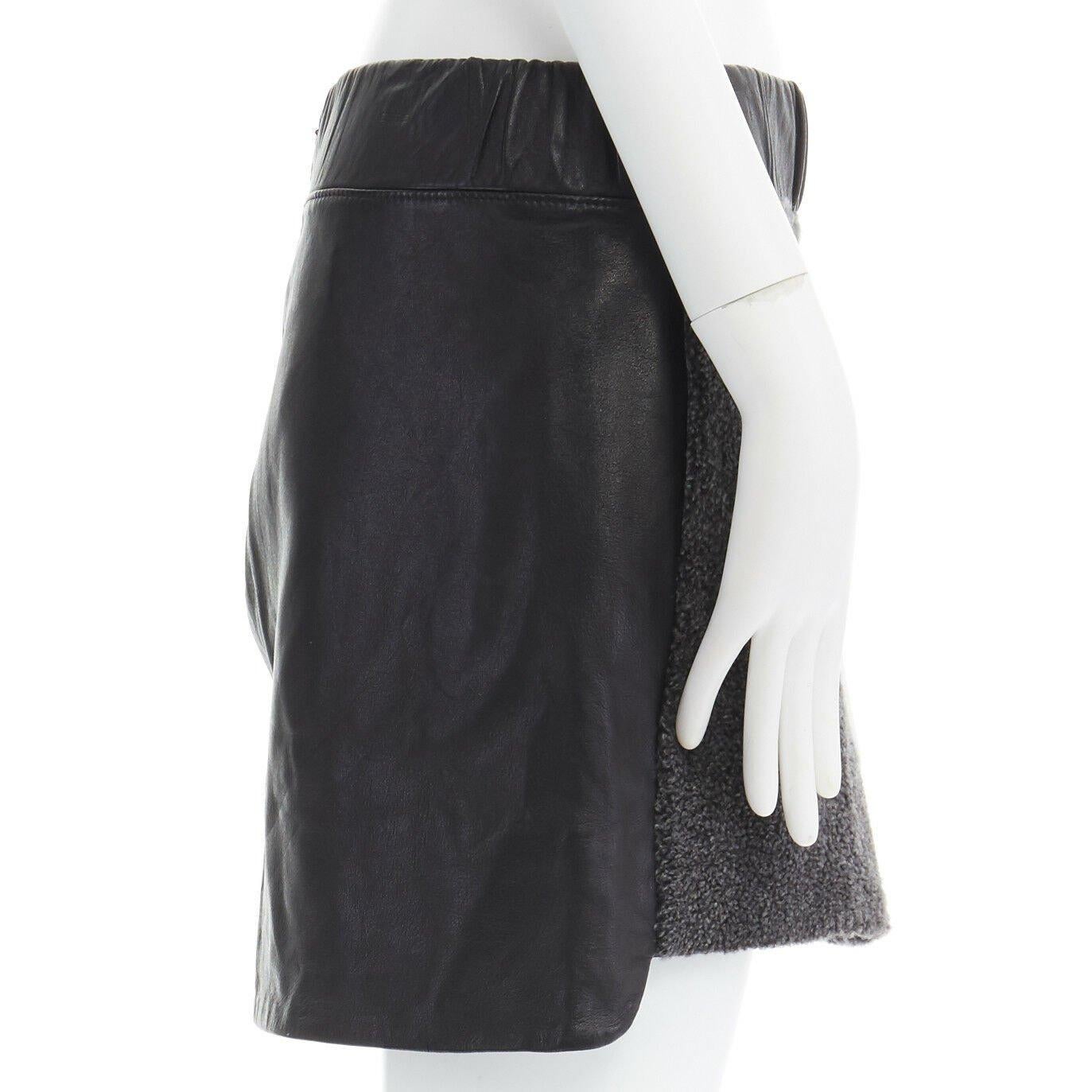 NEIL BARRETT grey shearling front panel black leather step hem mini skirt S 30