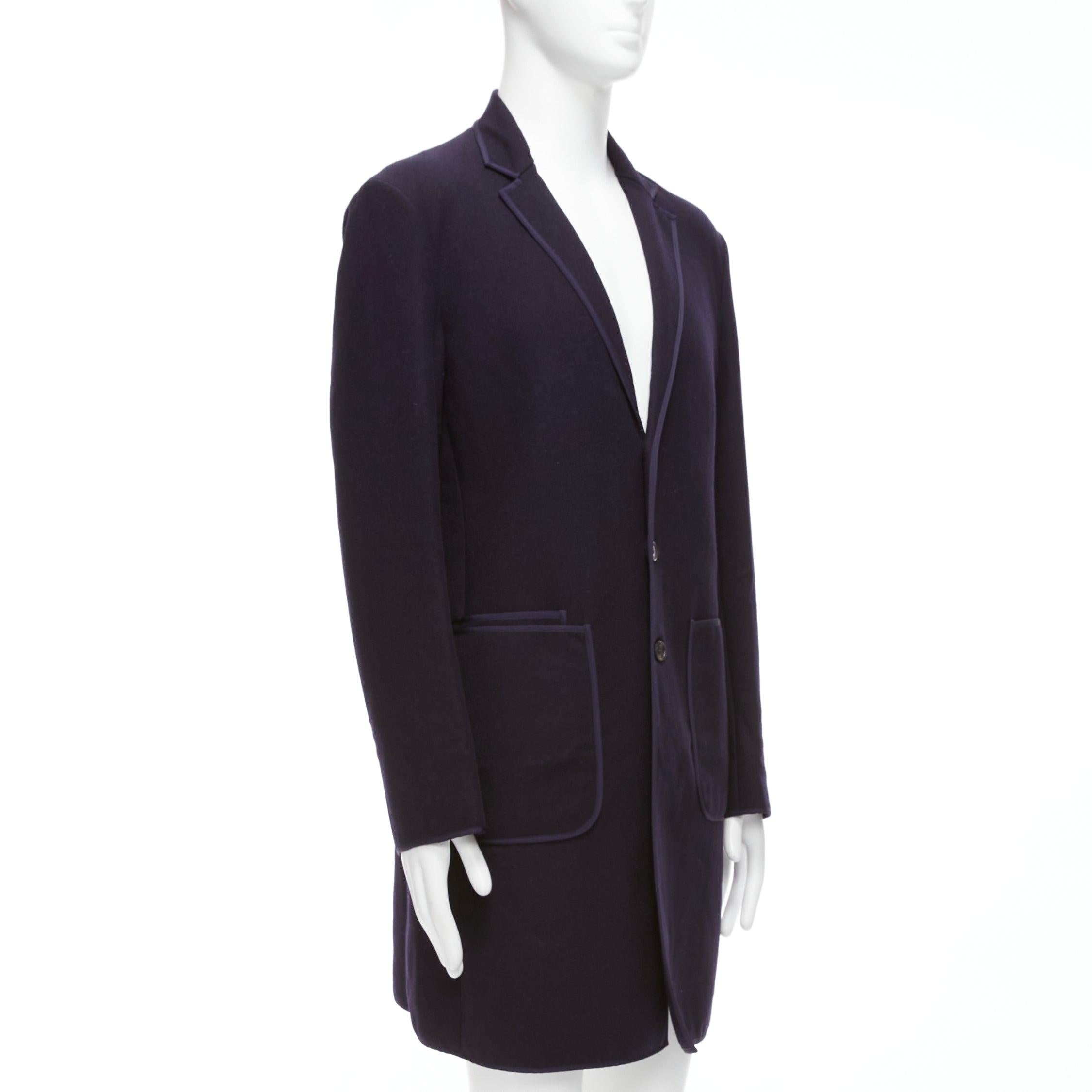 NEIL BARRETT navy wool blend ribbon trimmed pocket detail long coat IT48 M In Excellent Condition For Sale In Hong Kong, NT