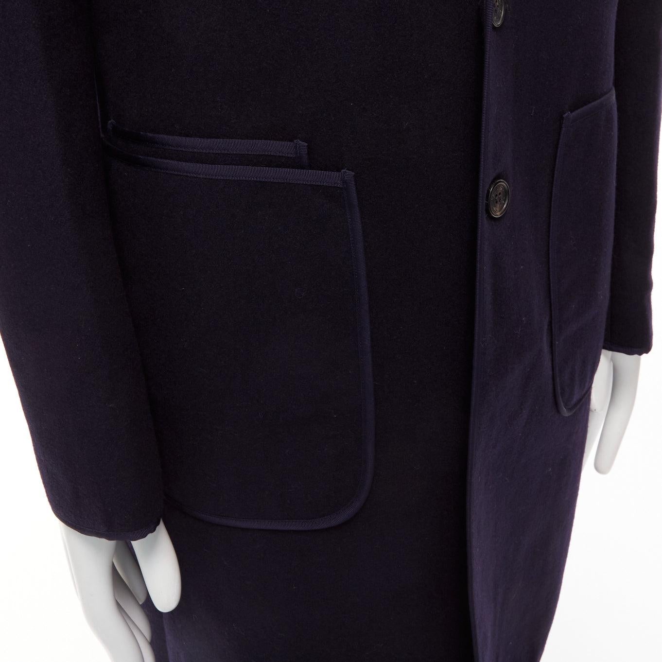 NEIL BARRETT navy wool blend ribbon trimmed pocket detail long coat IT48 M For Sale 2