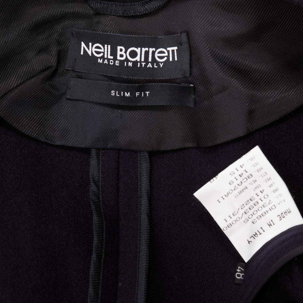 NEIL BARRETT navy wool blend ribbon trimmed pocket detail long coat IT48 M For Sale 4