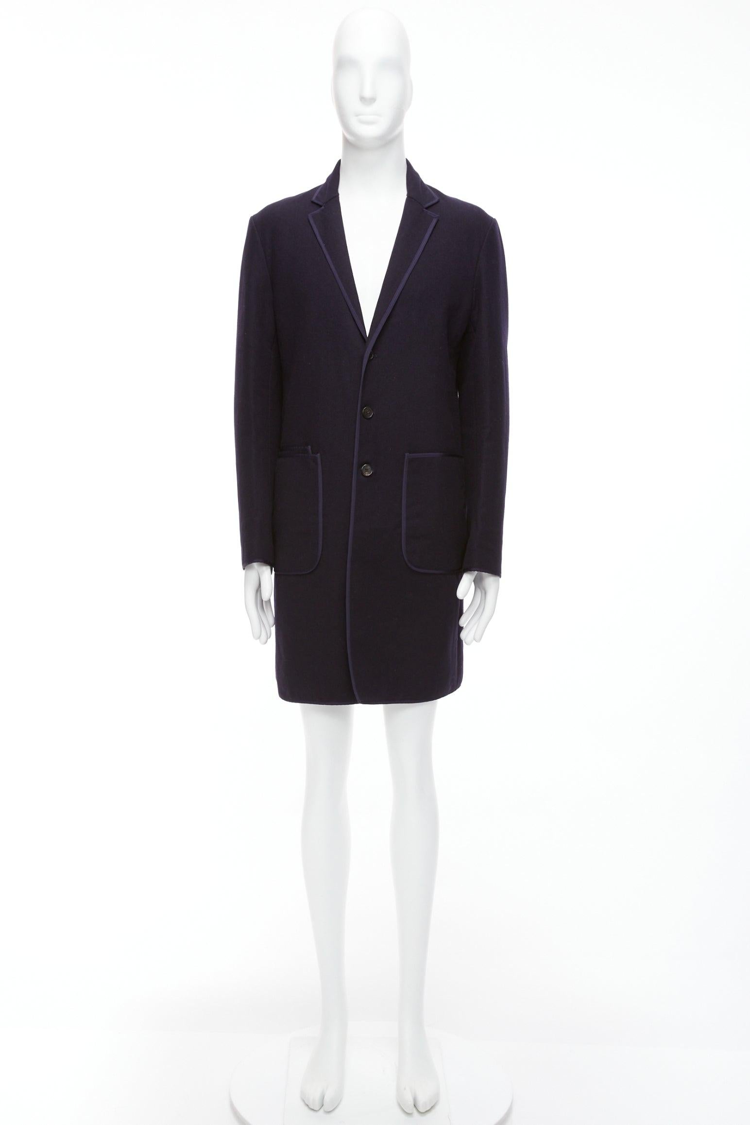 NEIL BARRETT navy wool blend ribbon trimmed pocket detail long coat IT48 M For Sale 4
