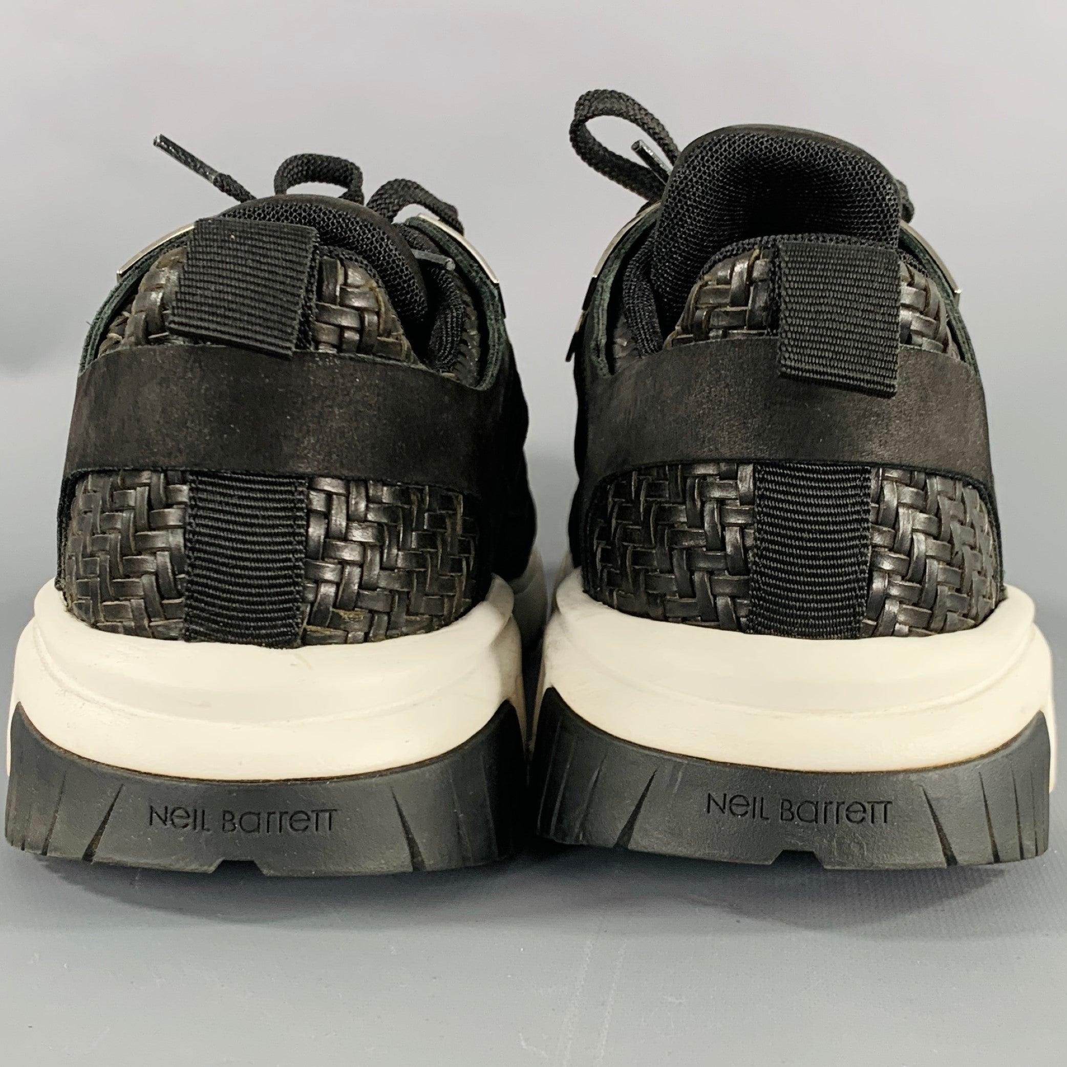 Noir NEIL BARRETT Size 10.5 Black Silver Woven Leather Sneakers en vente