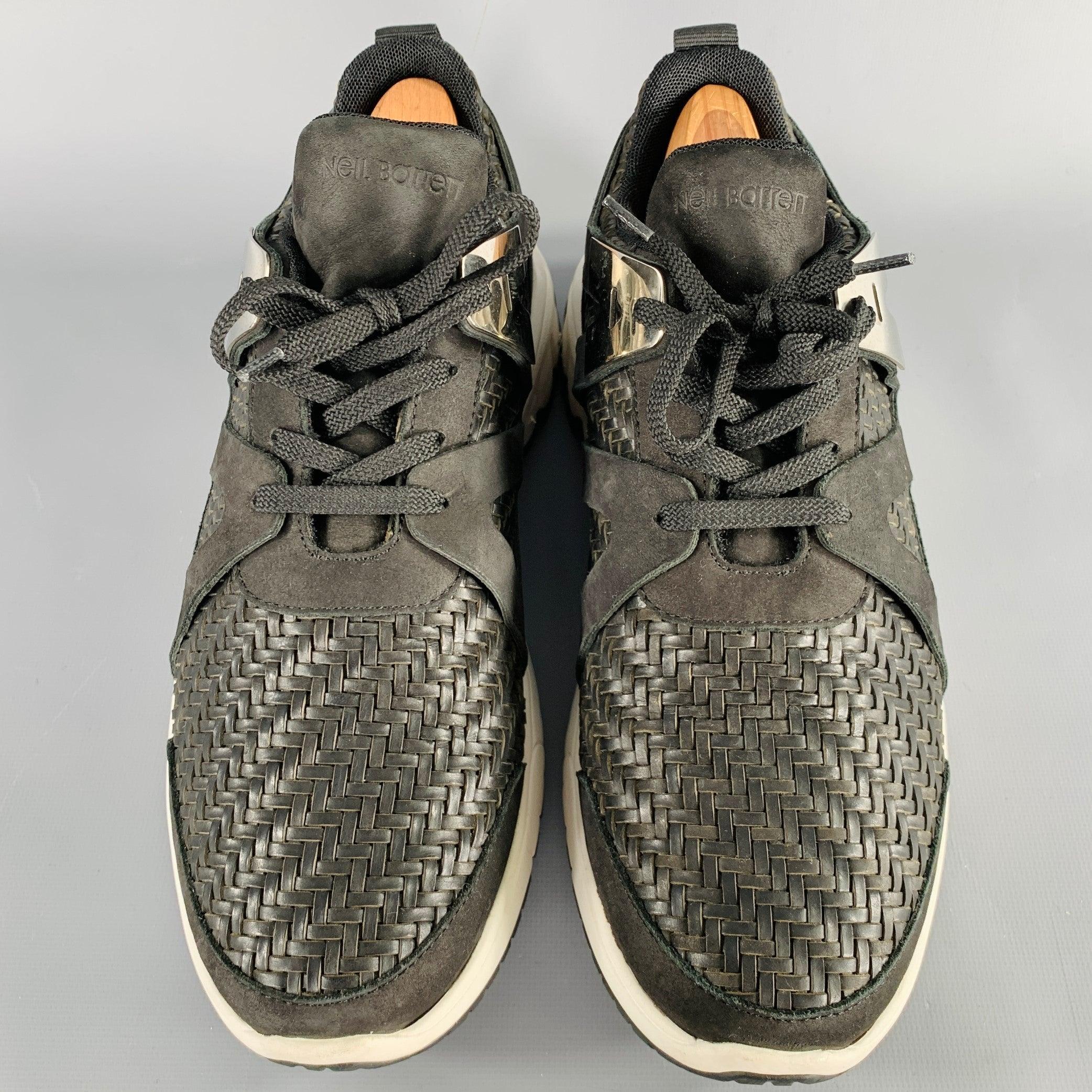 NEIL BARRETT Size 10.5 Black Silver Woven Leather Sneakers Bon état - En vente à San Francisco, CA